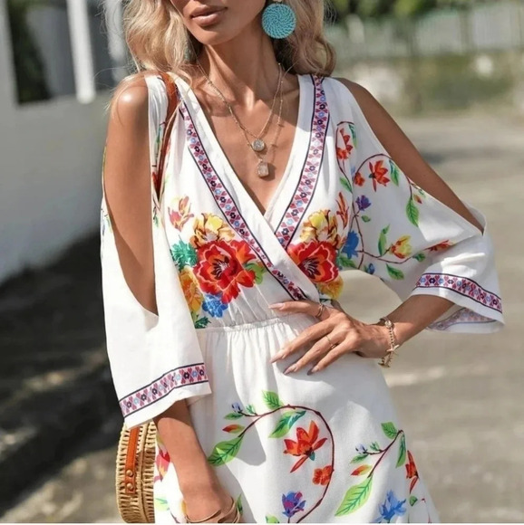 White Floral Print Cold Shoulder Maxi Dress - Picture 3 of 5